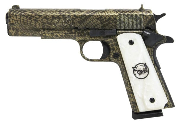 Iver Johnson Arms 1911A1WATERMOCCASIN 1911 A1 Water Moccasin 45 ACP 8+1 5" Black Steel Barrel, Green Snakeskin Hydrographic Serrated Steel Slide & Frame w/Beavertail, White Synthetic Pearl Grip