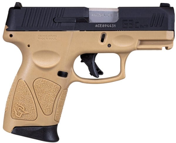 Taurus 1G3C931T G3C  Compact Frame 9mm Luger 12+1 3.26" Matte Stainless Steel Barrel, Matte Black Tenifer Serrated Steel Slide, Tan Polymer Frame w/Picatinny Rail, Black Polymer Grip, Right Hand