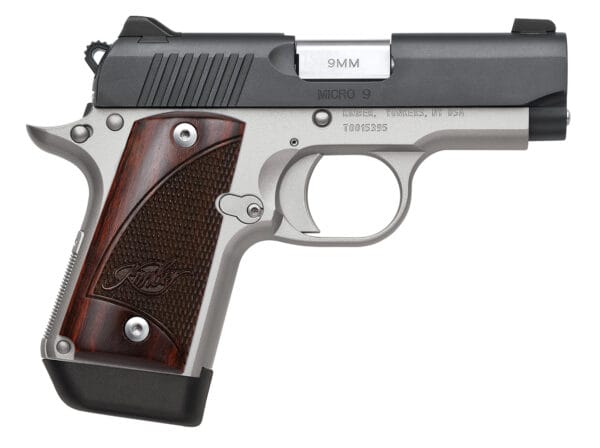 Kimber Mfg, Inc 3300099 Micro 9 Two-Tone Micro Frame 9mm Luger 7+1 3.15" Stainless Match Grade Barrel, Matte Black Serrated Steel Slide, Satin Silver Aluminum Frame w/Beavertail, Rosewood Grip