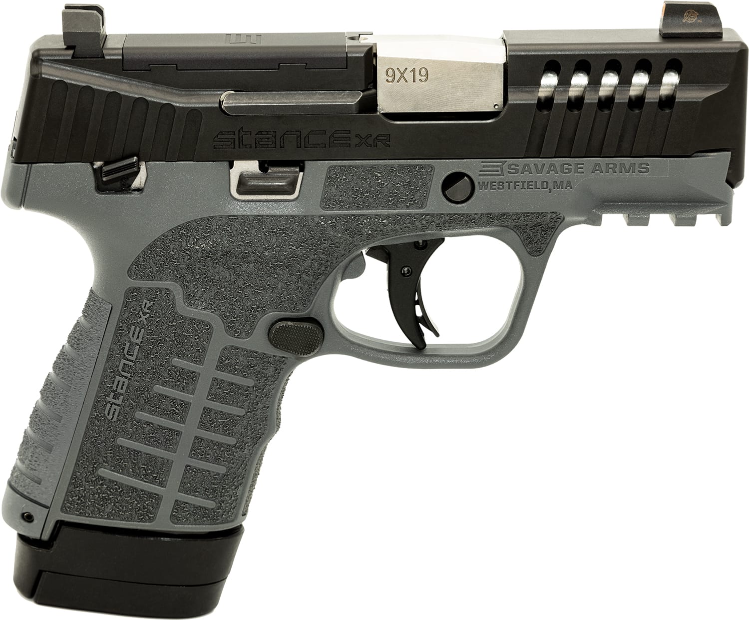 Savage Arms 67067 Stance XR Micro Frame 9mm Luger 13+1 3.20" Stainless Steel Barrel, Black Nitride Ported/Serrated Steel Slide, Gray Stainless Steel Frame w/Picatinny Rail, Gray GFN Grip, Ambidextrous