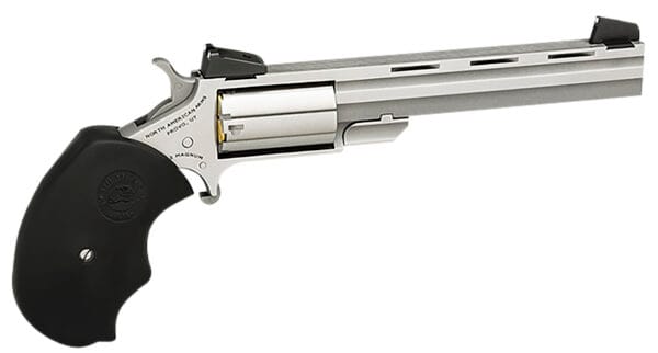 North American Arms MMTL Mini-Master *CA Compliant 22 LR 5rd 4" Vent Rib Barrel, Overall Stainless Steel Finish, Finger Grooved Black Rubber Grip, Adjustable Sights