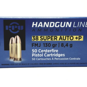 PPU .38 SUPER AUTO FMJ 130GR+P 50RD BOX 10 BOXES PER CASE