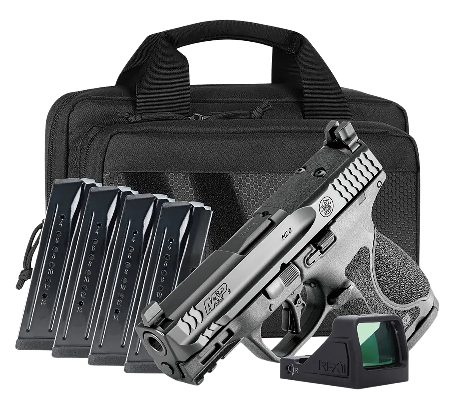 SMITH & WESSON M&P 9 COMPACT M2.0 NTS O.R. 3.6" 5-15RD MAGS, VIRIDIAN OPTIC, SAVIOR BAG